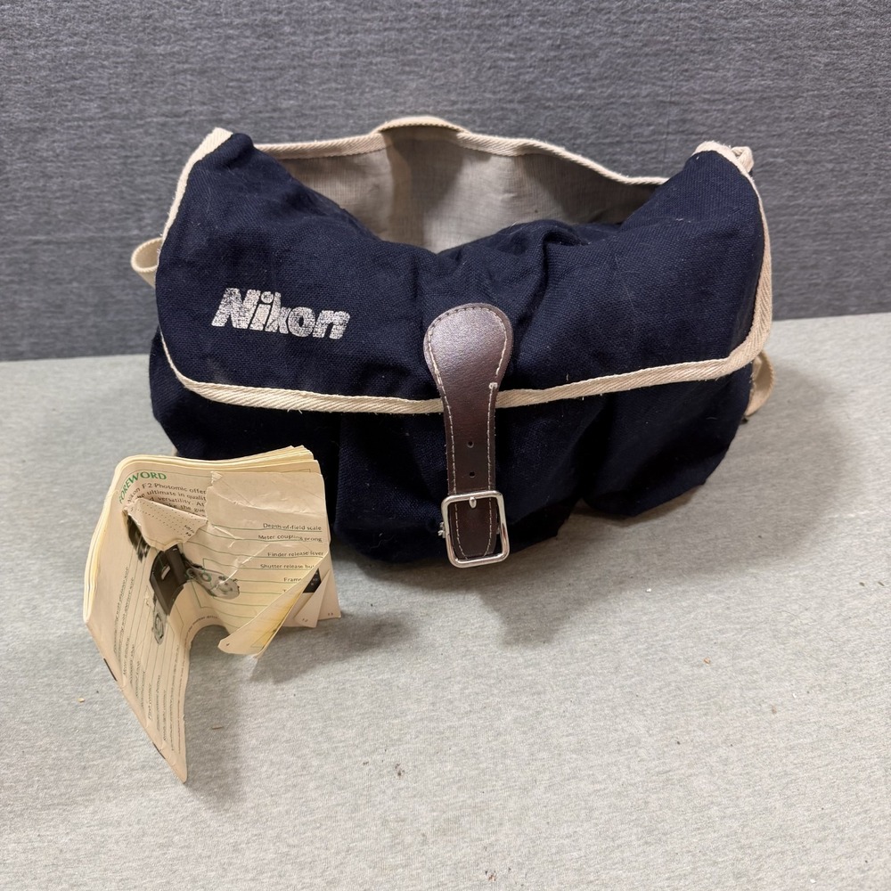Nikon Camera Bag OS Navy Vintage F2 Canvas Shoulder Strap 80s With F2 Manual
